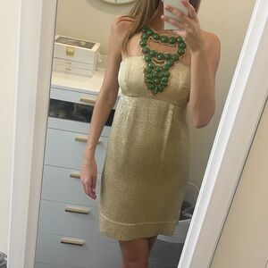 Shoshanna Gold Strapless Dress with Green Embellishments